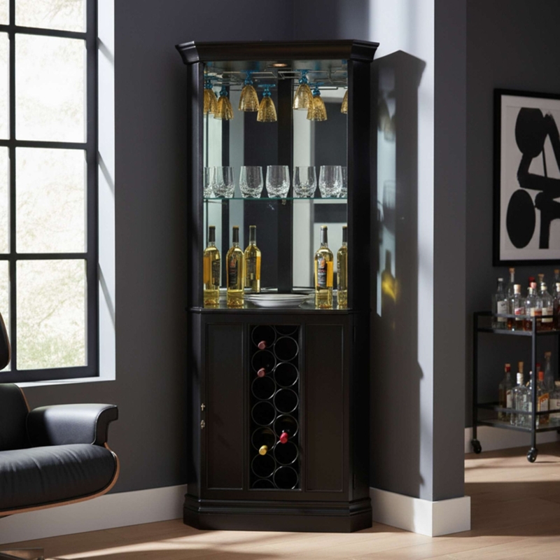 Traditional Corner Bar Cabinet with Mirrored Back and Glass Shelves