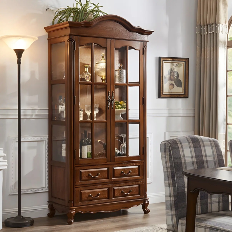 Traditional Curio Cabinet with Arched Pediment and Cabriole Legs
