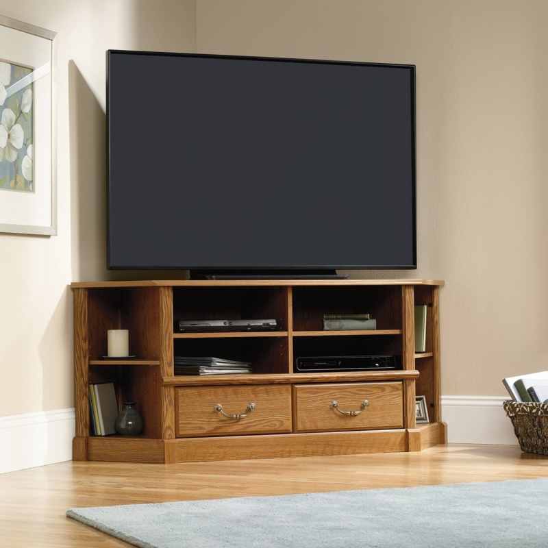 Traditional Entertainment Center with Metal Bail Handles in Golden Oak