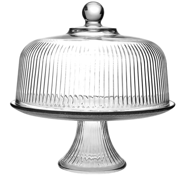 Traditional Glass Cake Stand with Ribbed Texture and Fluted Pedestal