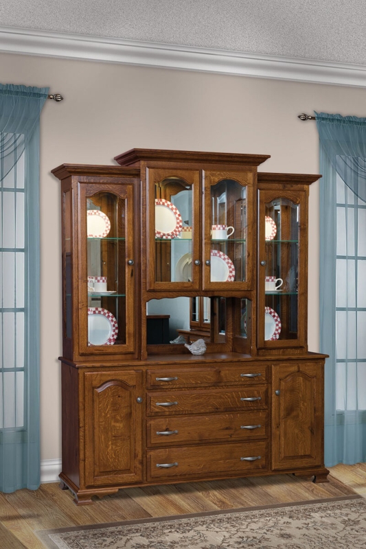 Traditional Hutch with Mirrored Back Niche and Detailed Wood Grain