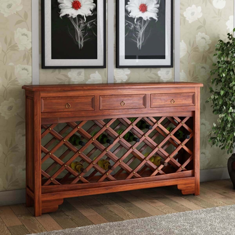 Traditional Mahogany Wine Console with Diagonal Lattice Rack and Drawers