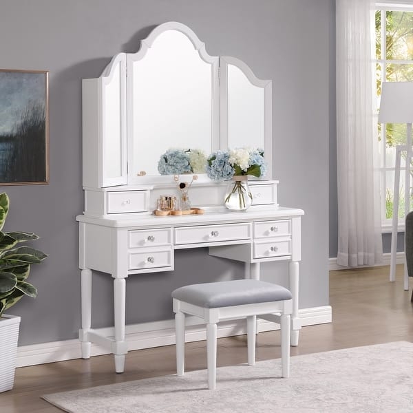 Traditional Makeup Vanity Tri Fold Mirror Turned Legs Crystal Knobs Stool