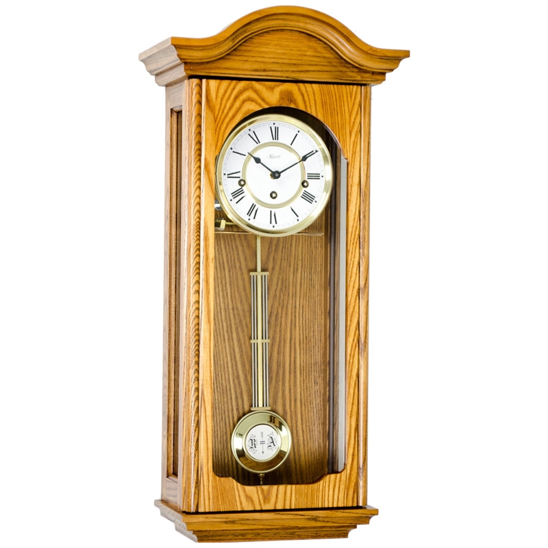 Traditional Pendulum Wall Clock Light Oak Arched Bonnet Top