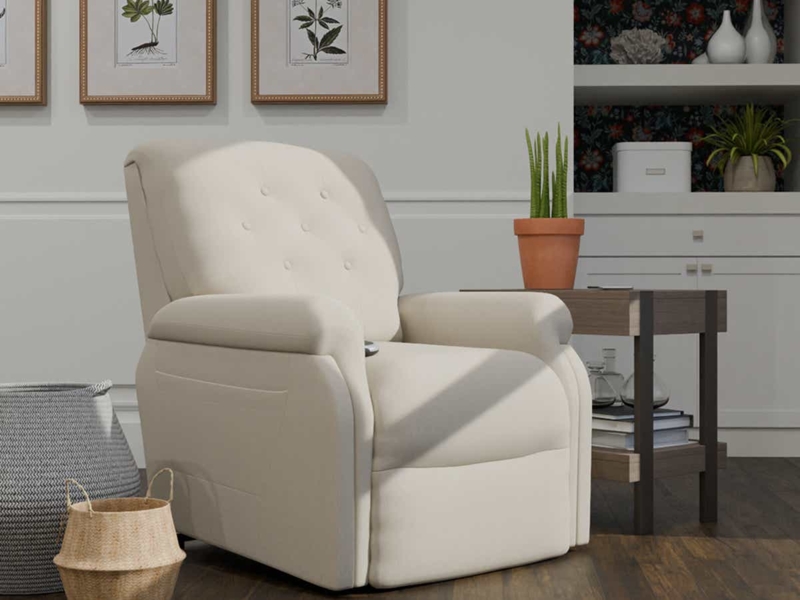 Traditional Power Lift Recliner: Warm Cream Fabric Button Tufted