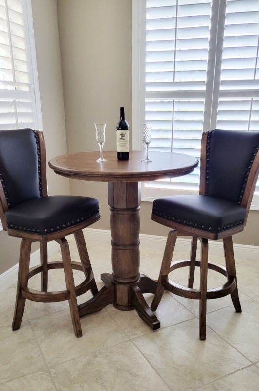 Traditional Pub Table Set Nailhead Trim Swivel Seats Walnut