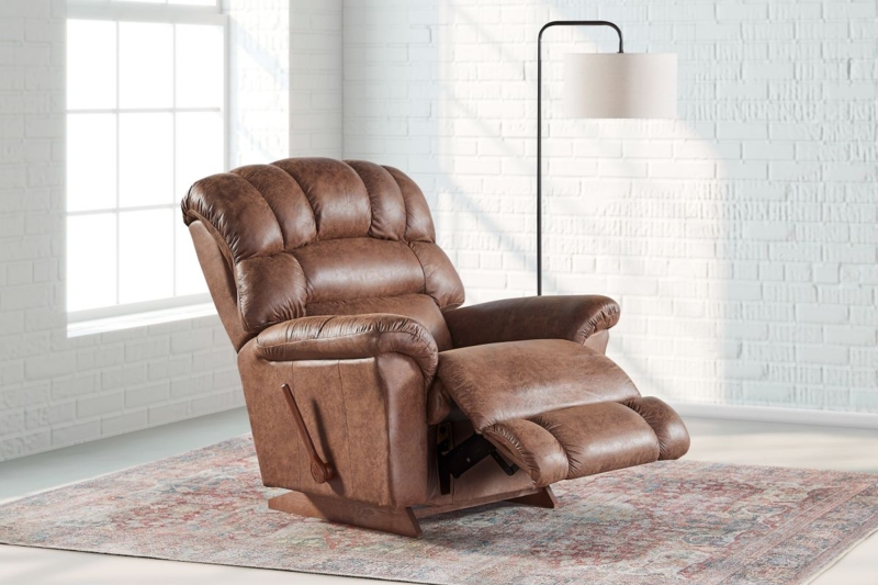 Traditional Rocker Recliner: Cognac Brown Leather-Like Channeled