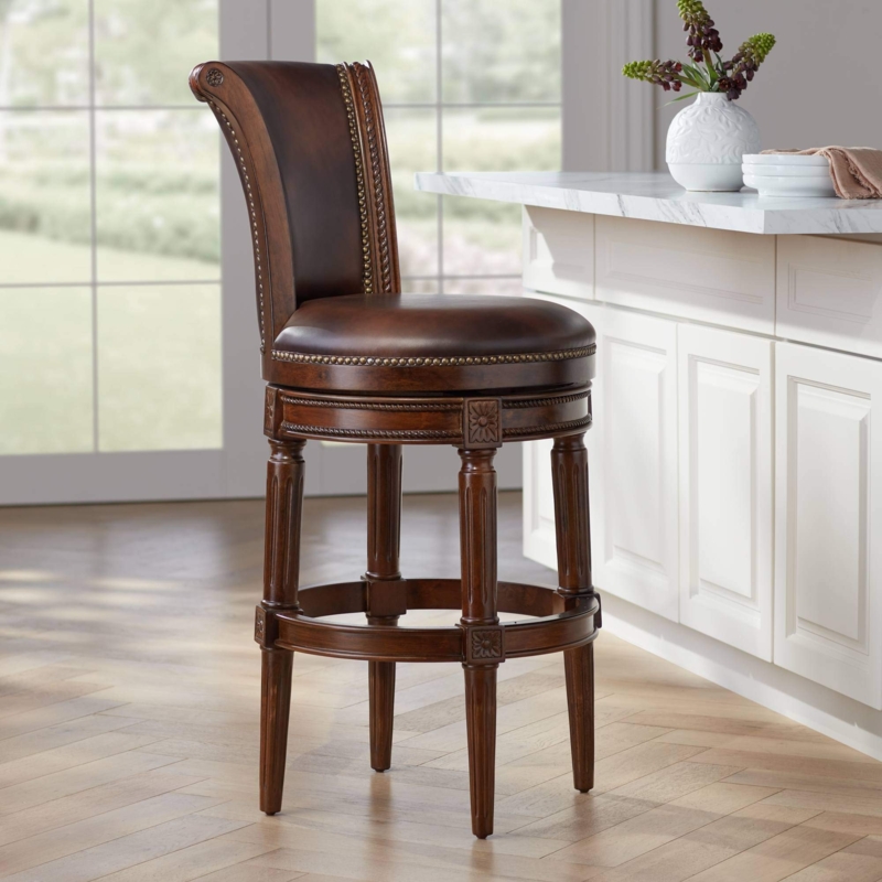 Traditional Swivel Bar Stool with Fluted Legs and Scroll Back