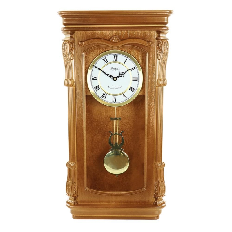 Traditional Wall Clock Golden Oak Finish Lyre Pendulum Chimes