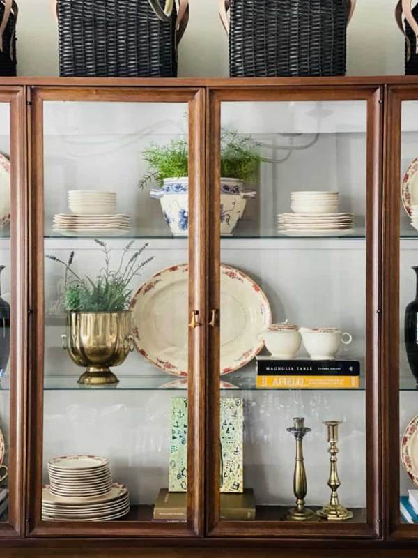 Traditional Walnut Hutch with Glass Doors and Brass Gold Accents