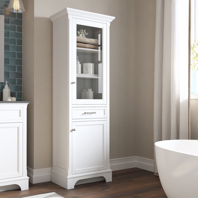 Traditional White Linen Cabinet with Glass Door and Arched Base