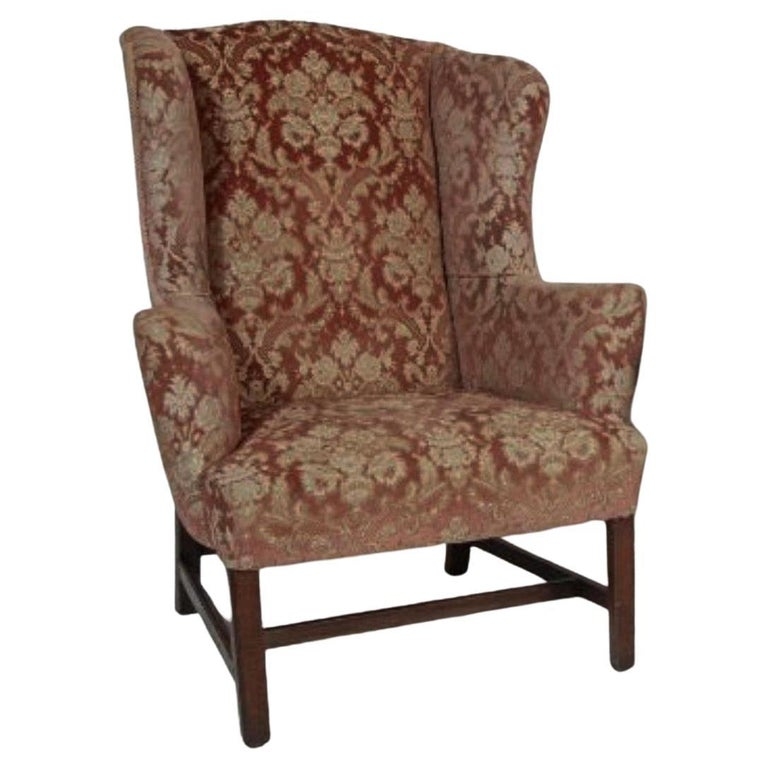 Traditional Wingback Armchair Terracotta Damask H-Stretcher Base