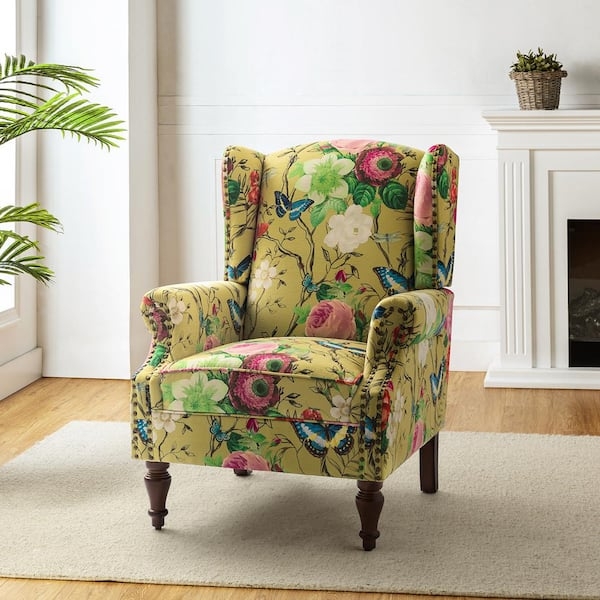 Traditional Wingback Chair Mustard Floral Butterfly Print Spindle Legs