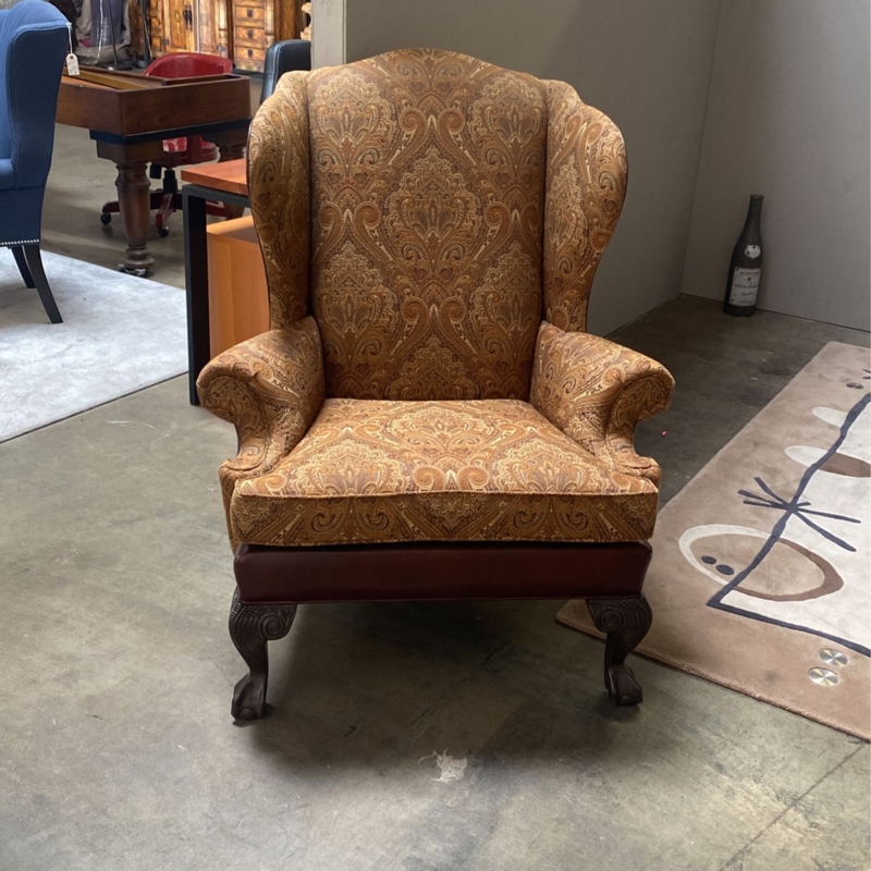 Traditional Wingback Chair Paisley Carved Frame Leather-Like Base Trim