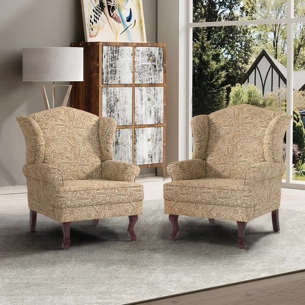 Traditional Wingback Chair Set Paisley Pattern Cabriole Legs Tan