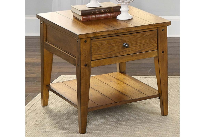 Traditional Wood Accent Table Plank Surfaces Single Drawer