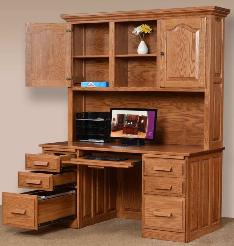 Traditional Wood Hutch Desk: Raised Panel Doors File Storage Drawer