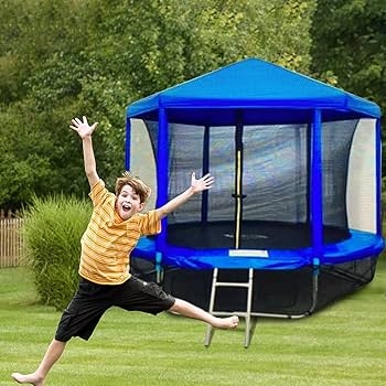 Trampoline Canopy Hexagonal Blue Roof, Safety Enclosure Netting.