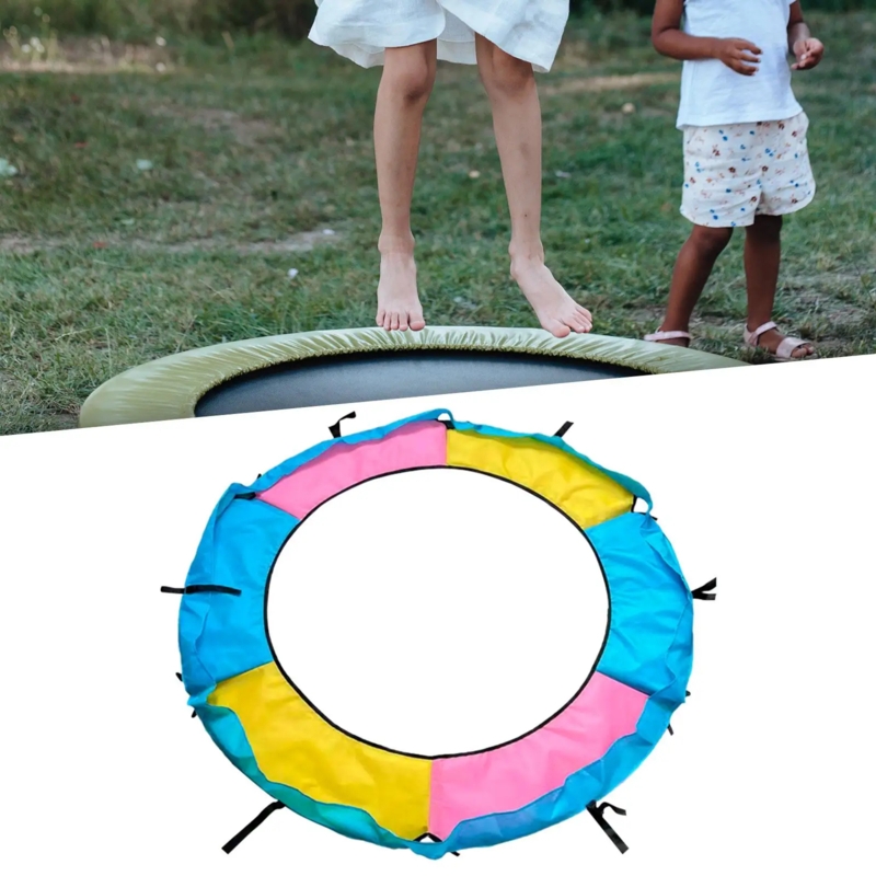 Trampoline Spring Cover Color-Blocked Pink Yellow Blue Tie-Down Straps.