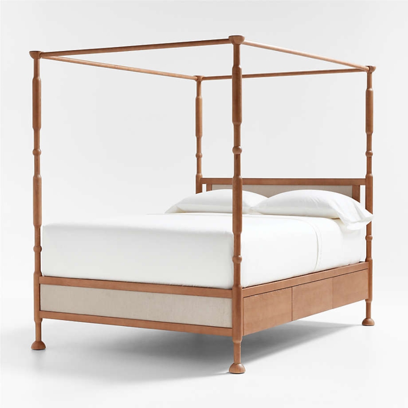 Transitional Canopy Bed with Turned Posts in Hazelnut Wood Finish