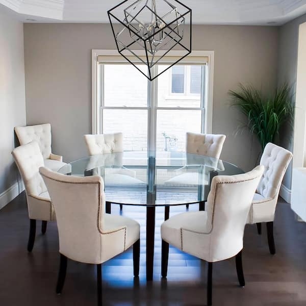 Transitional Dining Set: Glass Pedestal Table & Tufted Wingback Chairs