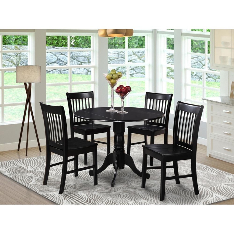 Transitional Dining Set Matte Black Pedestal Slat Back Chairs