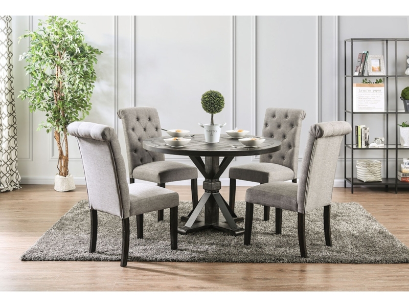 Transitional Dining Set Rolled Back Tufted Chairs Plank Top
