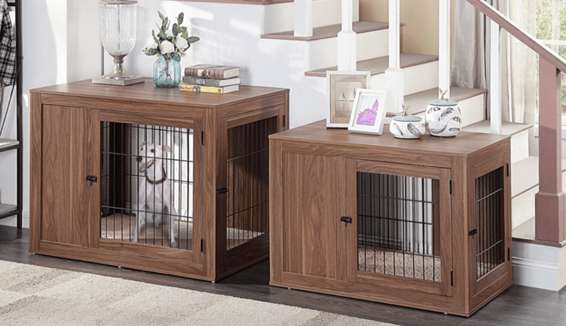 Transitional Dog Crate Furniture in Walnut with Interior Pet Cushion