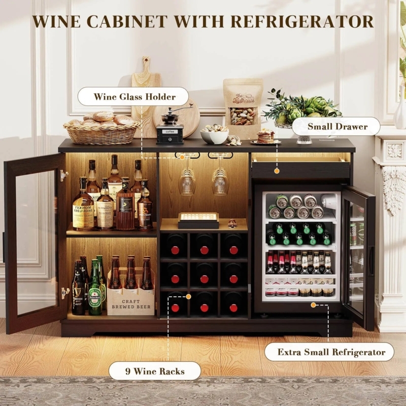Transitional Espresso Bar Cabinet with Integrated Fridge and Bottle Rack