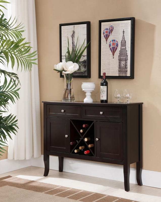 Transitional Espresso Buffet with Cabriole Legs and X-Frame Wine Storage