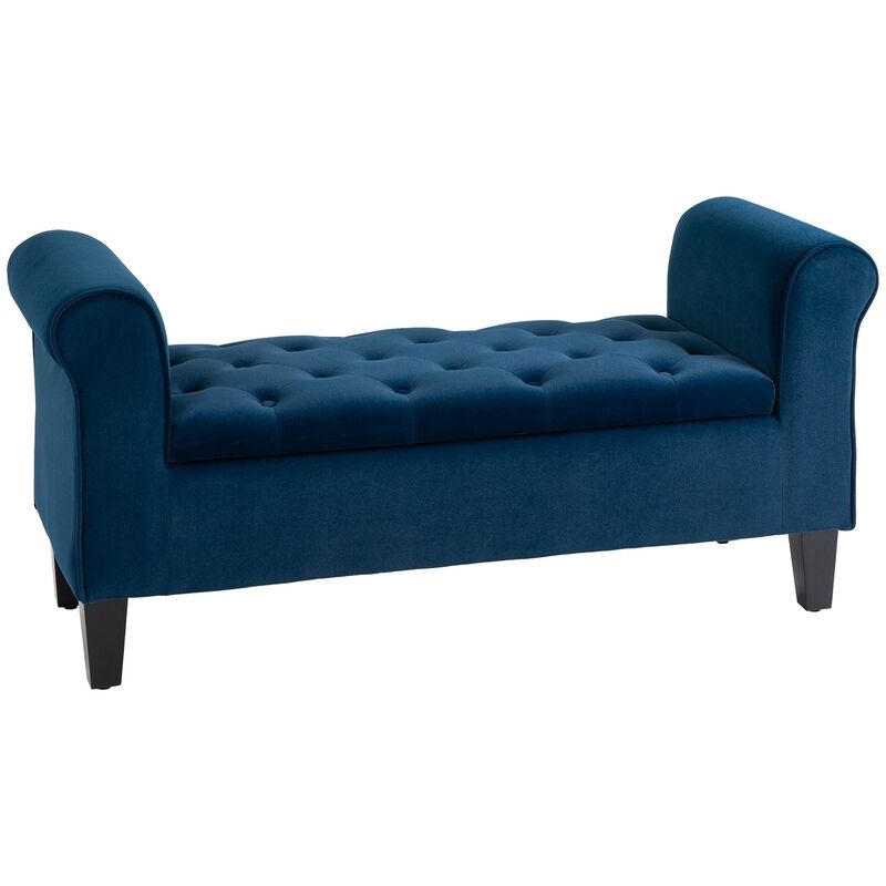 Transitional Glam Navy Blue Velvet Storage Bench with Rolled Arms