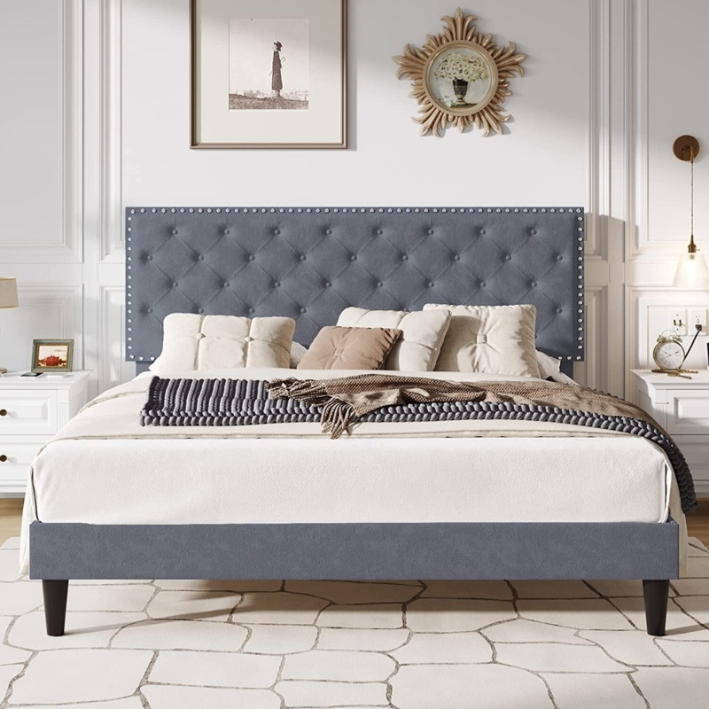Transitional King Bed Frame: Upholstered Fabric & Diamond Tufting
