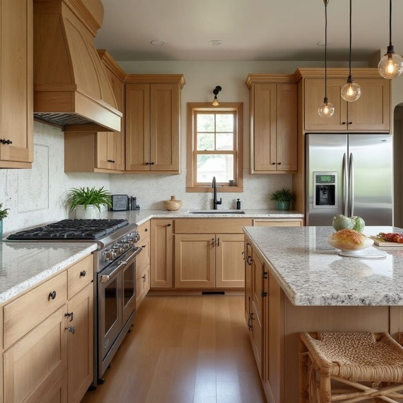Transitional Kitchen with Natural Oak and Speckled Granite