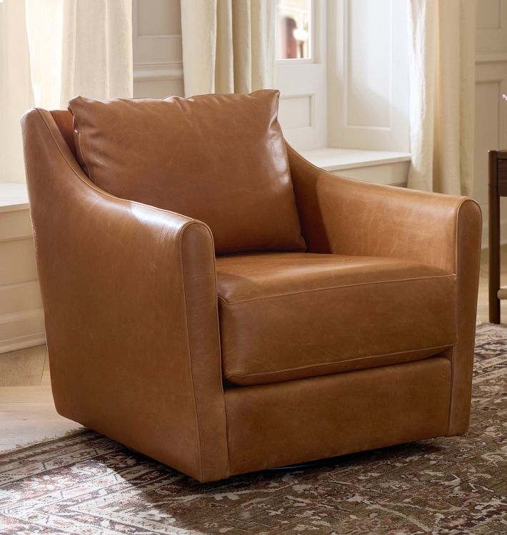 Transitional Leather Armchair Cognac Tan Swivel Loose Back Cushion