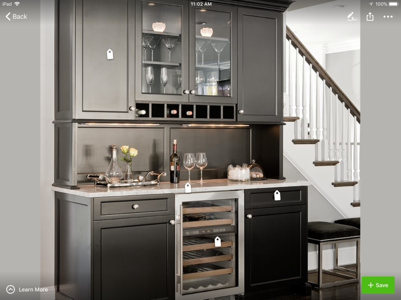 Transitional Matte Black Bar Cabinet with Marble Top and Wine Fridge