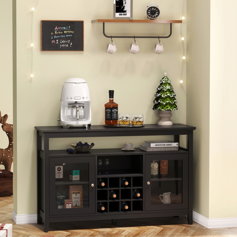 Transitional Matte Black Sideboard Cabinet with Glass Doors