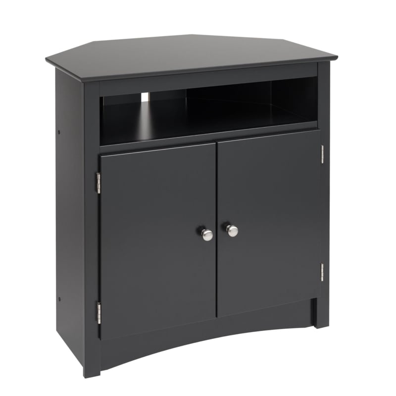 Transitional Media Console Black: Tall Corner TV Cabinet, Silver Knobs