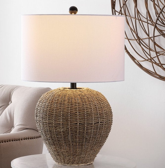 Transitional Rattan Table Lamp with Woven Urn Base and Drum Shade