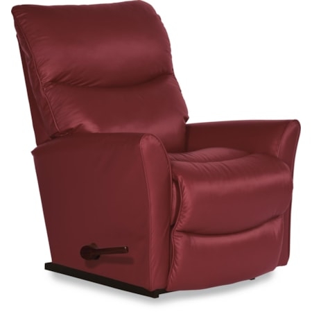 Transitional Rocker Recliner: Burgundy Red Leather-Like Flared Arms
