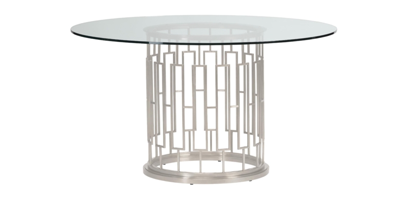 Transitional Round Dining Table with Silver Geometric Fretwork Pedestal