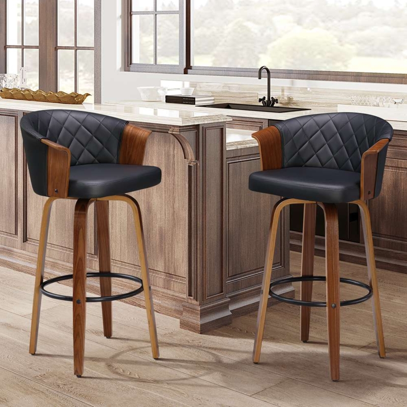 Transitional Swivel Bar Stools Diamond Quilted Curved Wood Frame