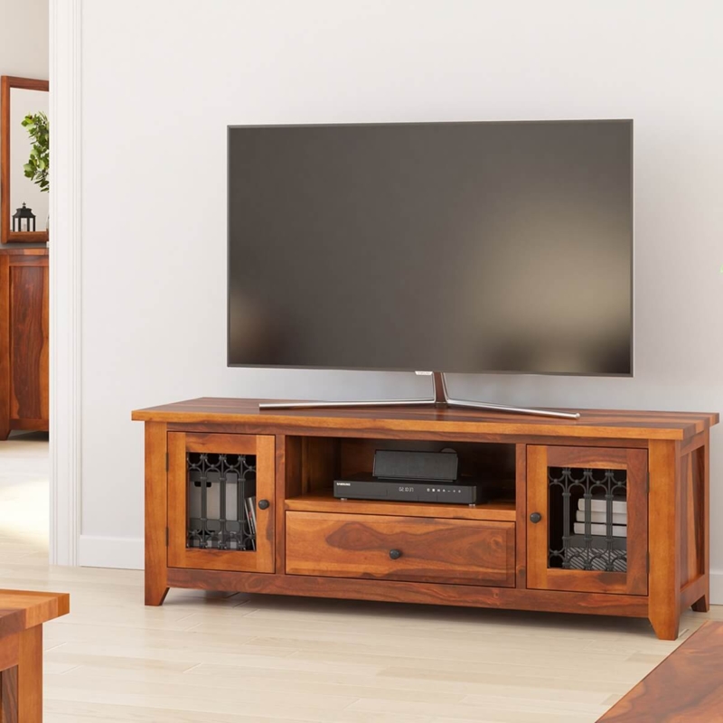 Transitional TV Console with Iron Grill Doors and Honey Brown Finish
