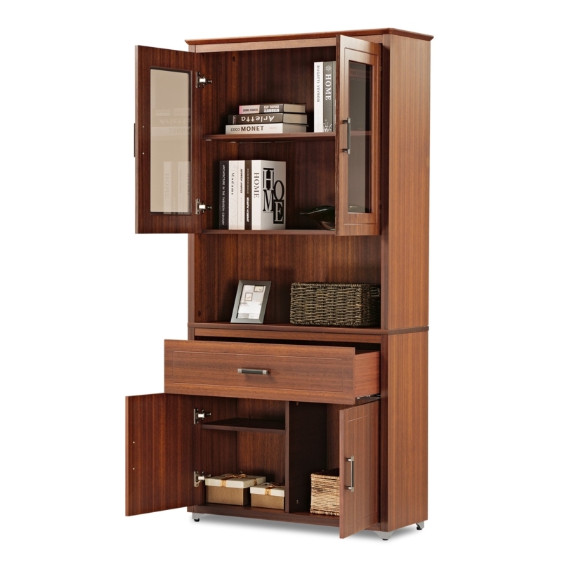 Transitional Walnut Storage Cabinet with Glass Doors and Open Cubby