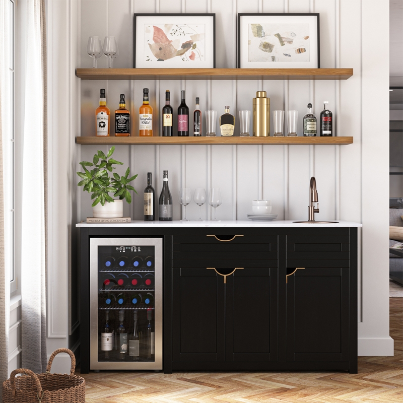 Transitional Wet Bar Cabinet with Sink, Fridge Niche and Gold Pulls