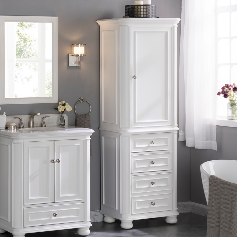 Transitional White Linen Cabinet with Bun Feet and Four Drawers