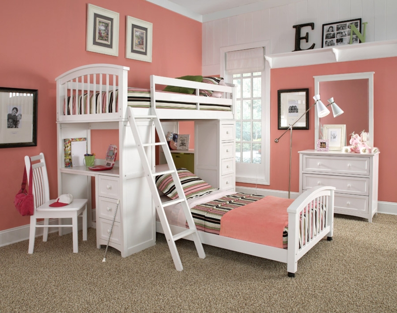 Transitional White Loft Bed with Desk and Slatted Headboard