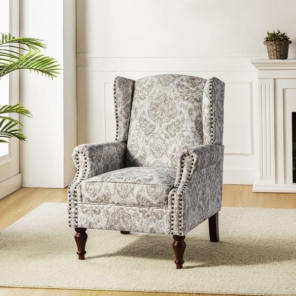 Transitional Wingback Armchair Taupe Floral Damask Spindle Legs Nailhead