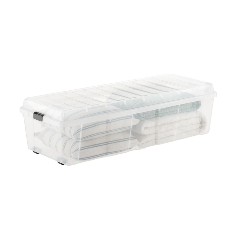 Translucent Clear Rolling Storage Bin with Latching Lid and Ribbed Top