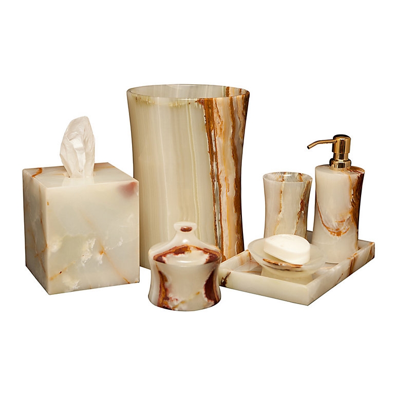 Translucent Stone Bath Set with Dramatic Rust Veining and Tissue Cover