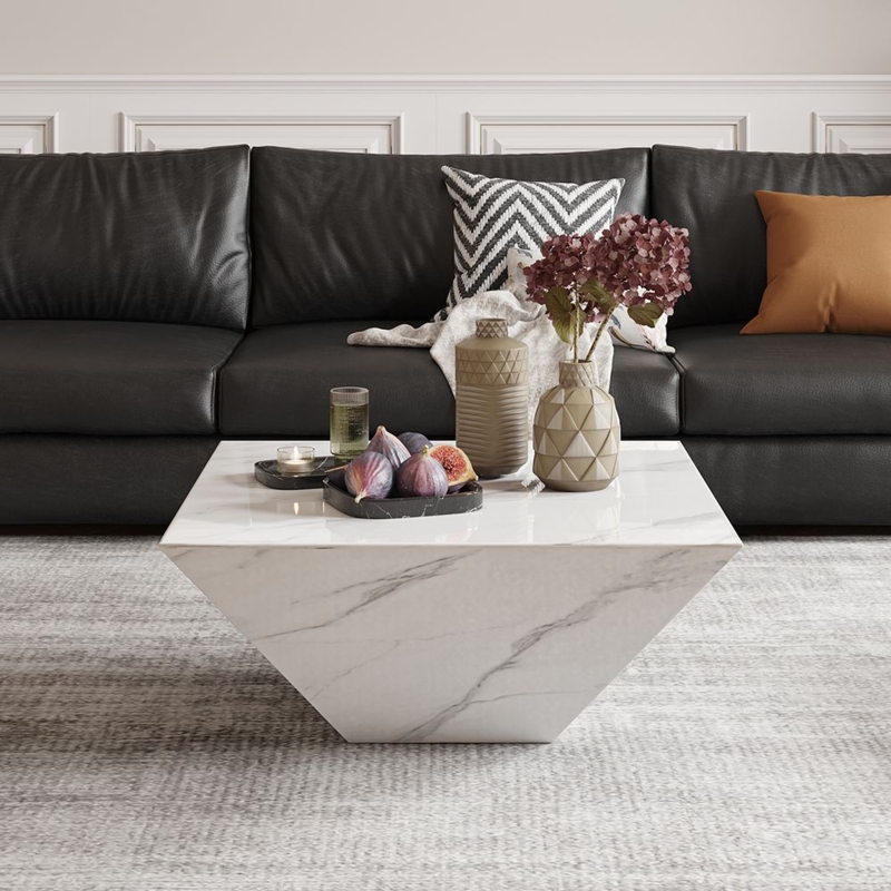 Trapezoid Coffee Table, Inverted Pyramid Base, Polished Marble.